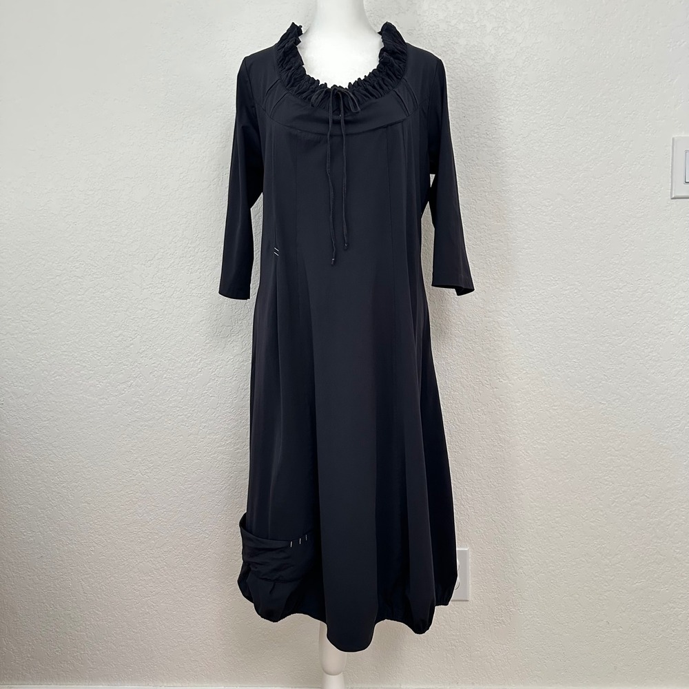 ADC Midi Dress Black Vamp Ruffle Neck Bubble Hem 3/4 Sleeve Stretch Whimsigoth